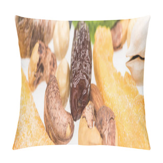 Personality  Close Up View Of Turkish Assorted Nuts, Dried Fruits And Candied Fruit Isolated On White, Panoramic Shot Pillow Covers