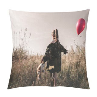 Personality Back View Of Kid With Teddy Bear Holding Balloon In Field, Post Apocalyptic Concept Pillow Covers