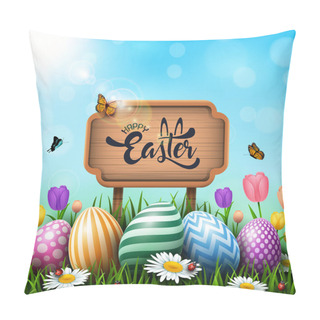 Personality  Easter Greeting Card With Wooden Sign And Colorful Eggs And Flowers In The Grass Pillow Covers