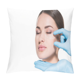 Personality  Doctor Touching Face Of Young Woman With Dotted Line For Plastic Surgery Isolated On White Pillow Covers