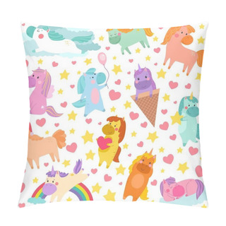 Personality  Cartoon Pony Unicorn Vector Illustration Kids Pattern. Cute Fairy Fantasy Animals Characters. Little Unicorns Horses With Horns Set Child Baby Girl Collection Isolated. Pillow Covers