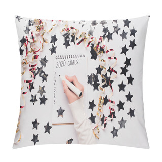 Personality  Cropped View Of Businesswoman Writing 2020 Goals List In Notebook Near Decorative Stars And Serpentine On White Table Pillow Covers