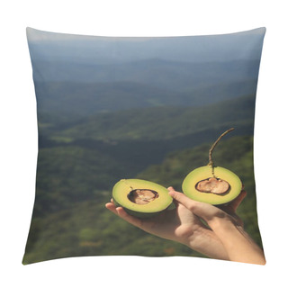 Personality  Hands Holding Avocado Halves Against Mountain Landscape Pillow Covers