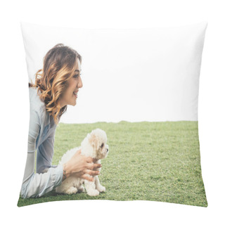 Personality  Side View Of Smiling Woman Holding Havanese Puppy Isolated On White Pillow Covers