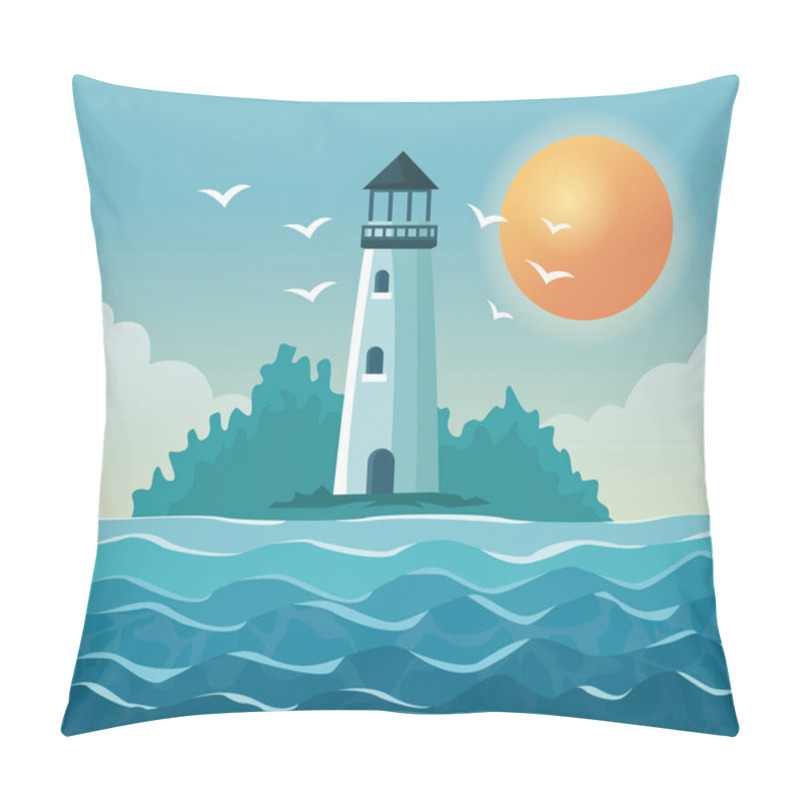 Personality  Colorful Poster Seaside With Lighthouse In Coast With Sun In The Sky Pillow Covers