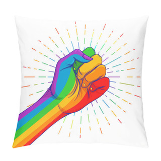 Personality  Rainbow Colored Hand With A Fist Raised Up. Gay Pride. LGBT Concept. Realistic Style Vector Colorful Illustration. Sticker, Patch, T-shirt Print, Logo Design. Pillow Covers
