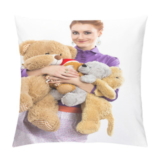 Personality  Young Girl With A Bunch Of Stuffed Animals. Girl With Soft Toys On A White Background Pillow Covers