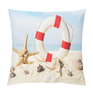 Personality  Life Ring And Seashells In Sand On Blue Sky Background Pillow Covers