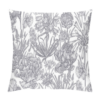 Personality  Floral Seamless Pattern. Spring Flowers Tulips, Daffodils, Primroses, Irises, Hyacinths. Black And White Background. Template For Textile, Wallpaper, Paper. Vintage. Vector Illustration. Pillow Covers