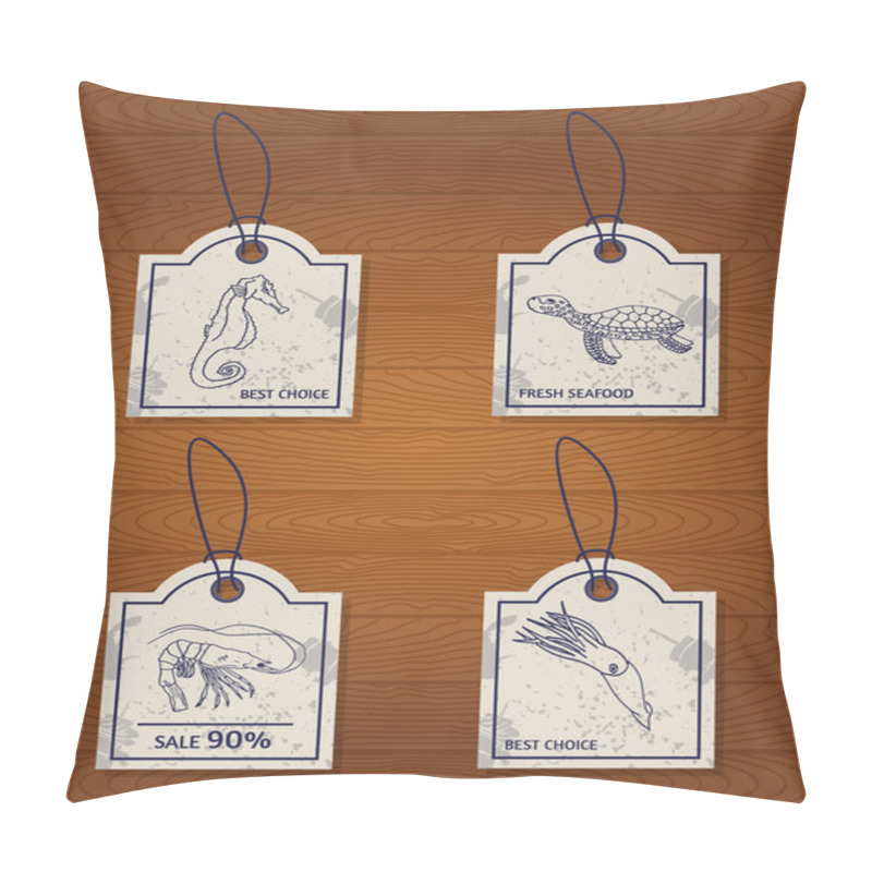 Personality  Set Of 4 Vintage Design Elements Seafood: Sea Horse, Turtle, Squid And Shrimp Pillow Covers