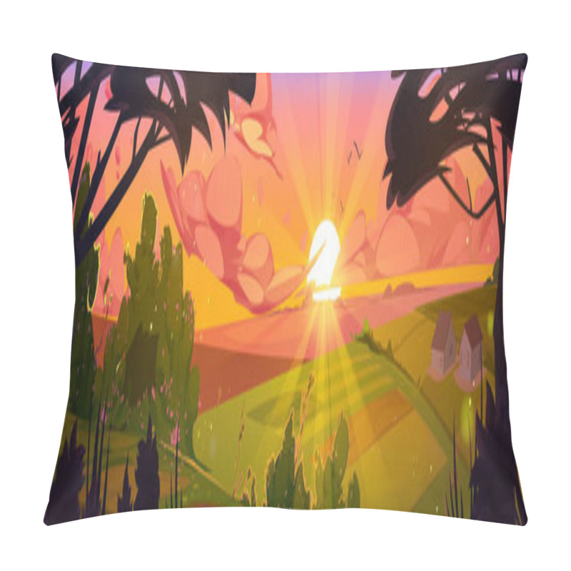 Personality  Cartoon nature landscape, summer evening forest panoramic background with trees, bushes and green rural field under dusk sky with sun shining in pink clouds, scenery woodland, Vector illustration pillow covers