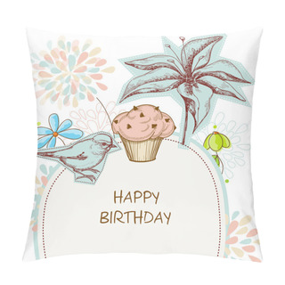 Personality  Happy Birthday Card, Cupcake, Bird And Flowers Pillow Covers