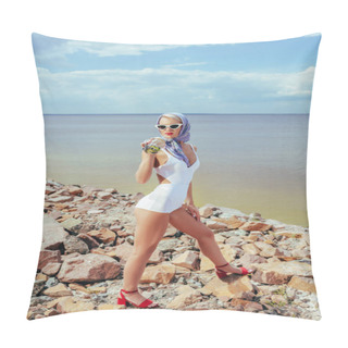 Personality  Attractive Stylish Woman In White Vintage Swimsuit Holding Jar With Fresh Cocktail And Posing On Rocky Beach Pillow Covers