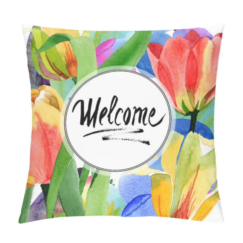 Personality  Beautiful Yellow Tulips With Green Leaves Isolated On White. Watercolor Background Illustration. Welcome Calligraphy. Pillow Covers