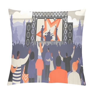 Personality  Open Air Music Festival. Rock Musicians And Crowd Of Fans Pillow Covers