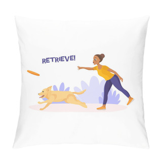 Personality  Vector Illustration In Cartoon Style Isolated On White Background. Dark Skinned African-american Girl Throwing A Frisbey To Her Pet. Playing Fetch With Labrador Retriever. Retrieve Command Pillow Covers