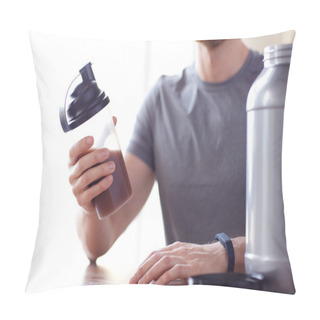 Personality  Close Up Of Man With Protein Shake Bottle And Jar Pillow Covers
