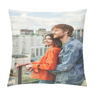 Personality  A Man And A Woman Stand On A Balcony Overlooking The City, Their Silhouettes Against The Sunset Sky Pillow Covers