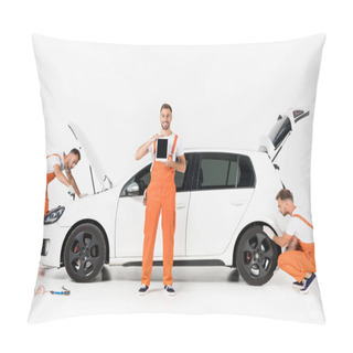 Personality  Auto Mechanic Changing Car Tire, Showing Tablet And Looking In Open Car Hood On White Pillow Covers