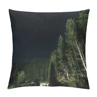 Personality  Low Angle View Of Green Trees Against Night Sky With Shining Stars  Pillow Covers