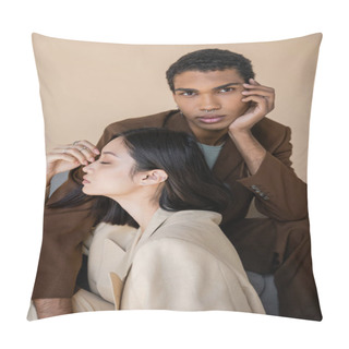 Personality  Stylish African American Man In Brown Suit Looking At Camera Near Sensual Asian Woman With Closed Eyes Isolated On Beige Pillow Covers