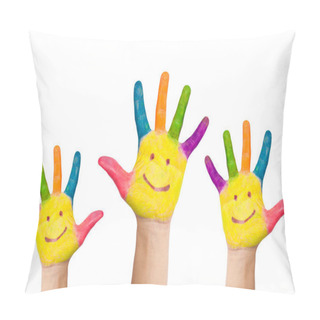 Personality  On The Palms Smiling Faces, Voting Or Teamwork. Pillow Covers