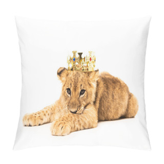 Personality  Cute Lion Cub In Golden Crown Isolated On White Pillow Covers