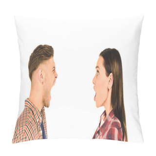 Personality  Profile Of Surprised Girl And Screaming Man  Isolated On White Pillow Covers