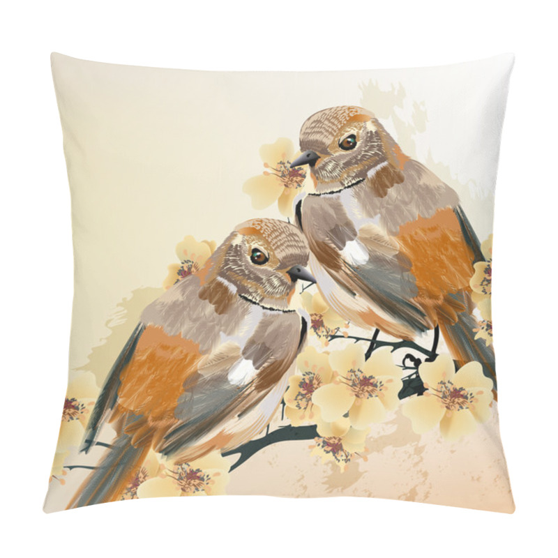 Personality  Couple of birds sit on a blooming branch tree pillow covers