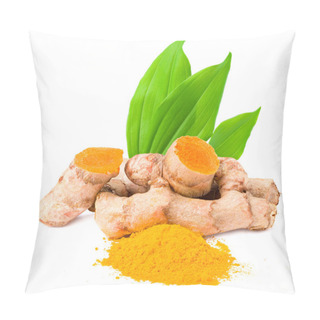 Personality  Turmeric Powder With Turmeric Root Isolated On White Background Pillow Covers