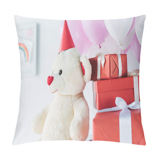 Personality  Selective Focus Of Teddy Bear In Cone With Gift Boxes And Air Balloons  Pillow Covers