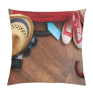 Personality  Suitcase And Tourist Stuff With Inscription Travel Insurance On Wooden Background Pillow Covers
