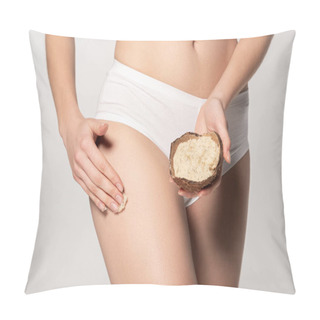 Personality  Cropped View Of Girl Applying Coconut Scrub On Body, Isolated On Grey Pillow Covers
