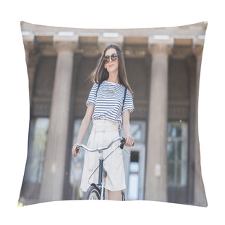 Personality  Portrait Of Stylish Young Woman In Sunglasses With Retro Bicycle Standing On Street Pillow Covers