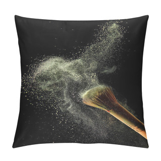 Personality  Cosmetic Brush With Yellow Colorful Powder Paint On Black Background Pillow Covers