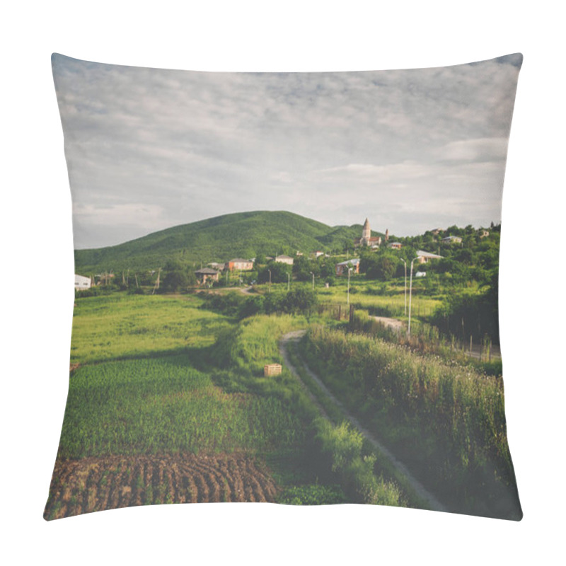 Personality  Beautiful Green Fields, Road And Hills Near Village In Georgia Pillow Covers