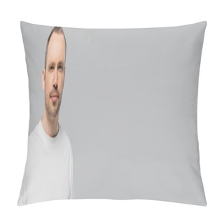 Personality  Unshaved Man With Bristle Standing In White T-shirt And Looking At Camera While Posing Isolated On Grey Background In Studio, Copy Space, Confidence And Masculinity, Banner  Pillow Covers