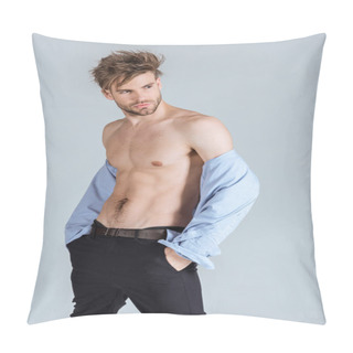 Personality  Handsome Businessman With Messy Hair Taking Off His Shirt, Isolated On Grey  Pillow Covers