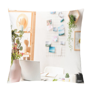 Personality  Workplace Of Designer Of Interior With Laptop, Office Supplies And Floral Compositions On Desk Pillow Covers