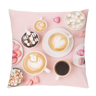 Personality  Various Kinds Of Coffee In Cups Of Different Size With Candys And Macaroons On Pale Pink Background Pillow Covers