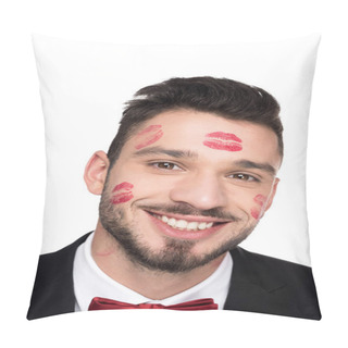 Personality  Smiling Handsome Man With Lips Traces On Face Looking At Camera Isolated On White Pillow Covers