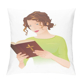 Personality  Young Woman With Bible. Vector Pillow Covers