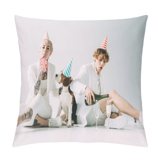 Personality  Woman Holding Blower While Man Poring Champagne In Glasses While Sitting Near Beagle Dog On Grey Background Pillow Covers