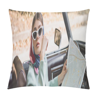 Personality  Elegant Woman Holding Map In Vintage Auto, Banner Pillow Covers