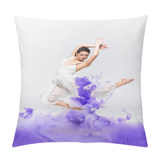 Personality  Beautiful Ballerina In White Dress Dancing Near Blue Paint Splashes On Grey Back Ground Pillow Covers