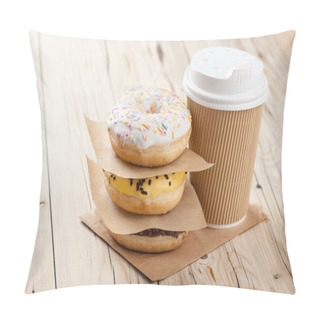 Personality  Colorful Donuts And Paper Cup On Wooden Table Pillow Covers