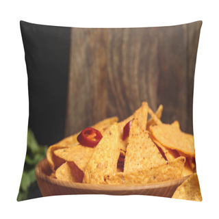 Personality  Close Up View Of Mexican Nachos With Chili Peppers Near Wooden Cutting Boards Isolated On Black Pillow Covers
