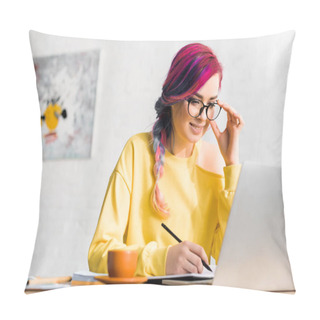 Personality  Beautiful Girl With Colorful Hair Sitting Behind Table, Holding Glasses And Making Notes Pillow Covers