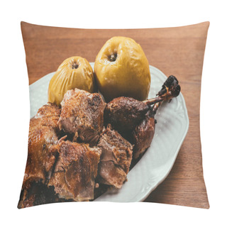 Personality  Fried Duck Pieces Laying On Plate With Marinated Apples Over Wooden Table    Pillow Covers