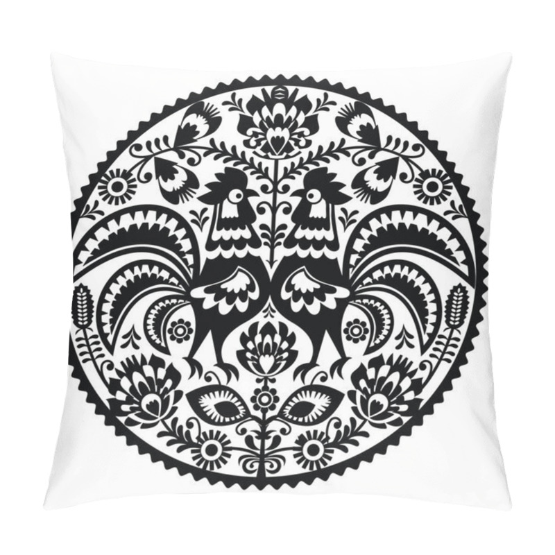 Personality  Polish floral embroidery with roosters - monochrome traditional folk pattern pillow covers
